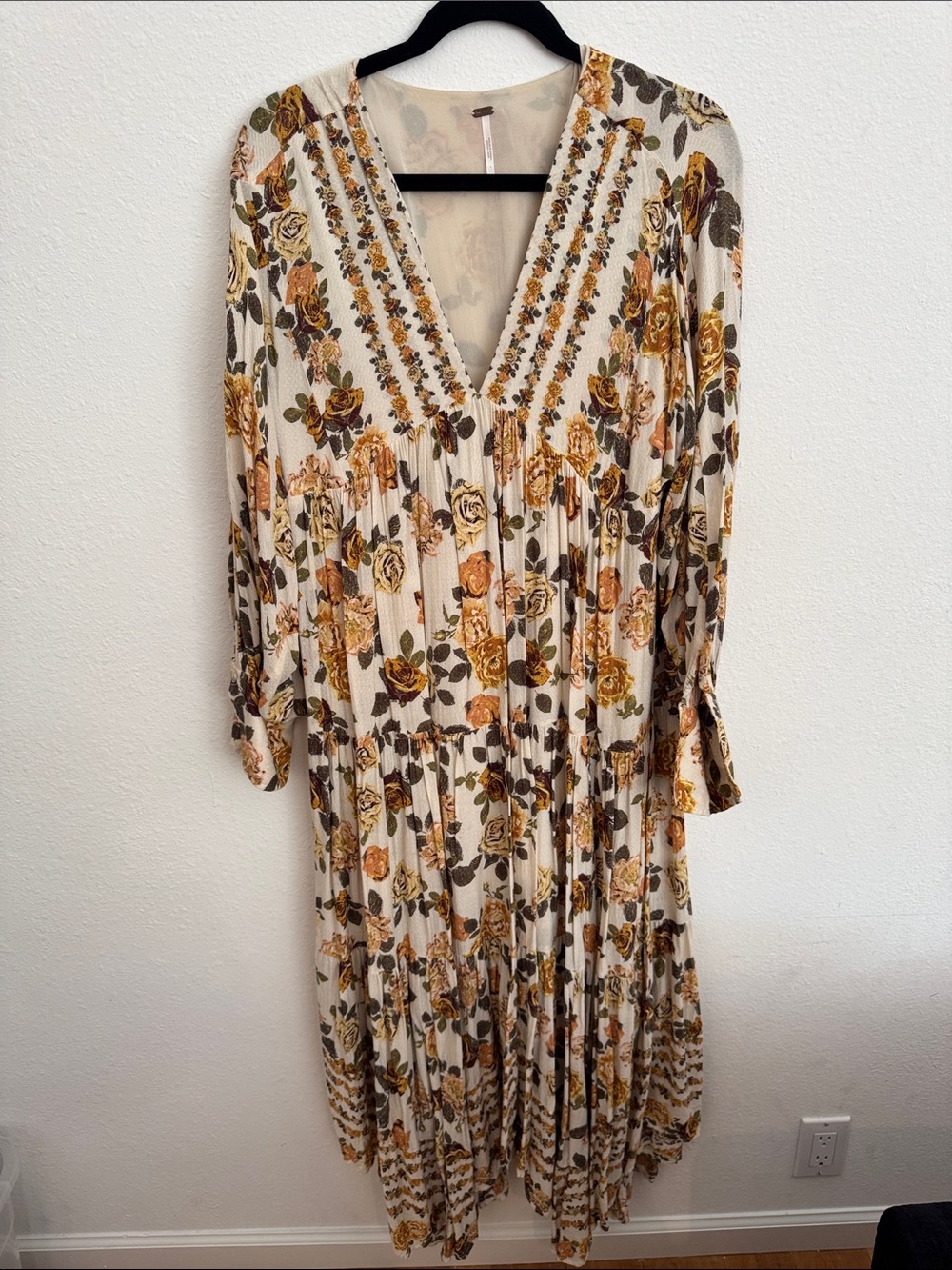 Free Peoplw Cream Floral Maxi Dress with Mustard Rose Print. Medium. Boho.